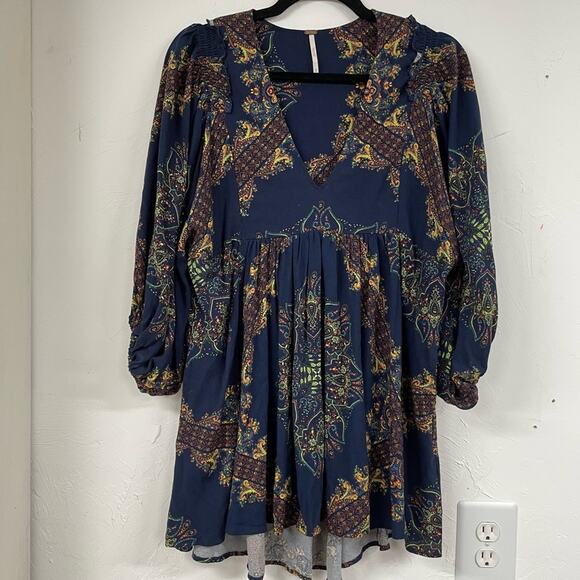 Free People Blue & Green Floral Paisley Balloon Sleeve Tunic Mini Dress XS - Picture 2 of 11